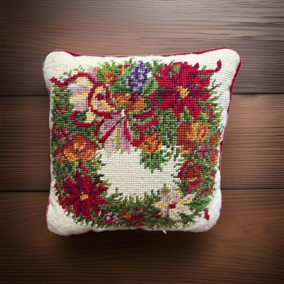 C & F Enterprises Other - Christmas Needlepoint Pillow Floral Wreath Poinsettias Fruit Holiday 9”x 9”